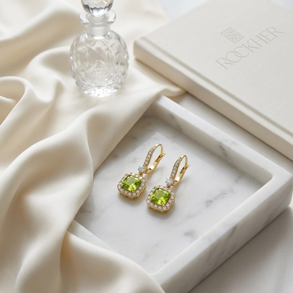 Peridot And Diamond Cushion Dangle Earrings With Pave Tops In 14k Yellow Gold (6mm), on marble vanity tray with silk