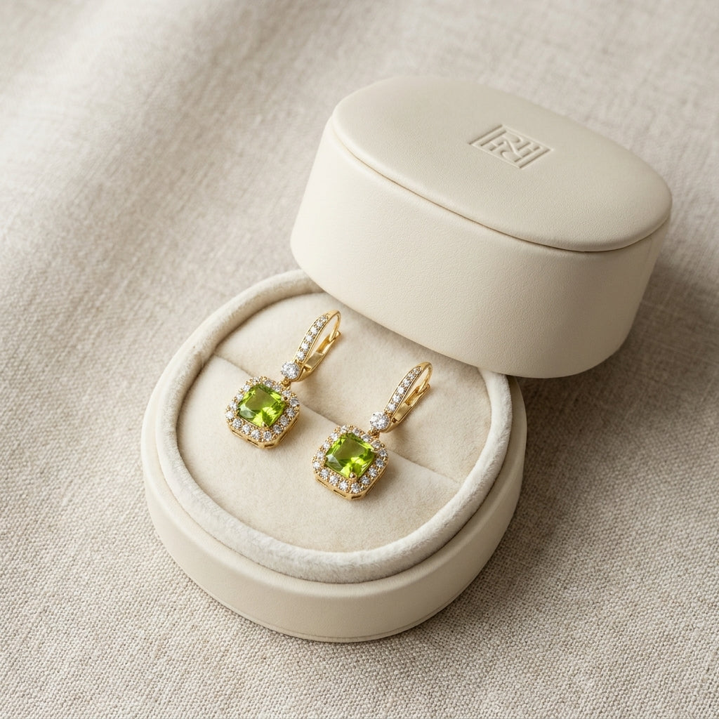 Peridot And Diamond Cushion Dangle Earrings With Pave Tops In 14k Yellow Gold (6mm), in navy velvet jewelry box