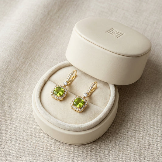 Peridot And Diamond Cushion Dangle Earrings With Pave Tops In 14k Yellow Gold (6mm), in navy velvet jewelry box