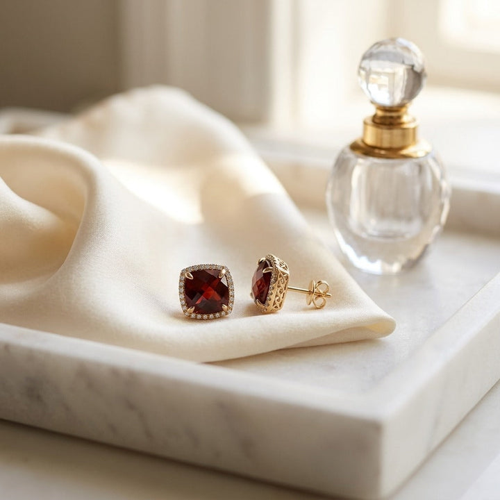 Garnet Cushion & Pave Diamond Earrings in 14K Yellow Gold - lifestyle