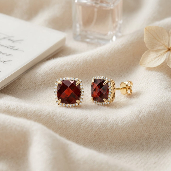 Garnet Cushion & Pave Diamond Earrings in 14K Yellow Gold - flat lay