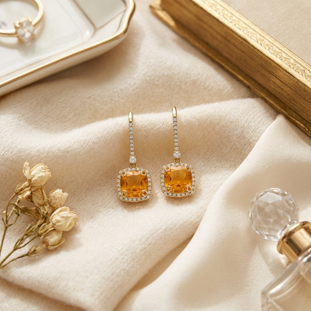 Citrine & Diamond Halo Cushion Dangle Earrings 1/4ctw in 14K Yellow Gold - flat lay