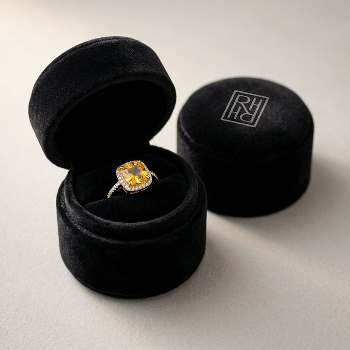 Citrine & Diamond Halo Cushion Dangle Earrings 1/4ctw in 14K Yellow Gold - presentation