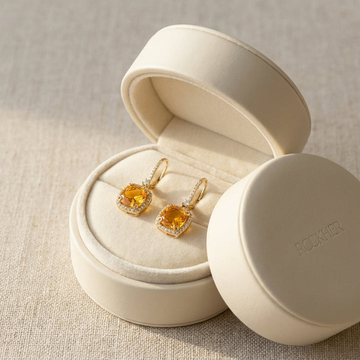 Citrine And Diamond Halo Cushion Dangle Earrings in 14K Yellow Gold 0.28ctw, in navy velvet jewelry box
