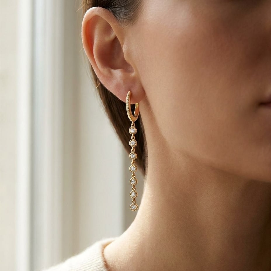 Diamond Milgrained Dangle Earring With Huggie Top in 14K Yellow Gold, worn close-up portrait