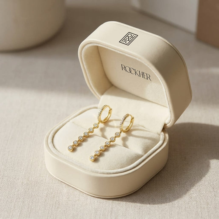 Diamond Milgrained Dangle Earring With Huggie Top in 14K Yellow Gold, in navy velvet jewelry box