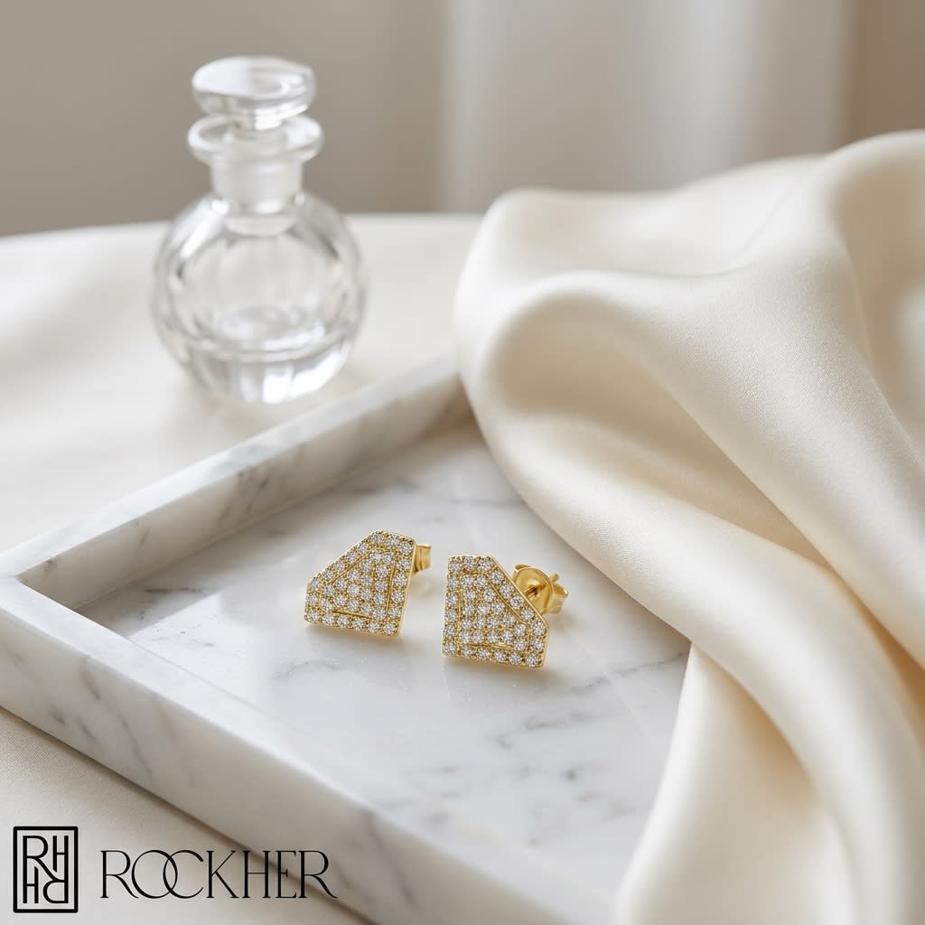 Natural Diamond Round Brilliant Stud Earrings in 14K Yellow Gold, 2 ct. t.w., on marble vanity tray with silk