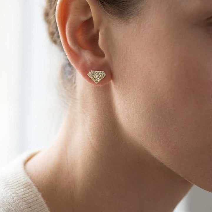 Natural Diamond Round Brilliant Stud Earrings in 14K Yellow Gold, 2 ct. t.w., worn close-up portrait