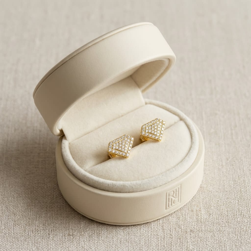 Natural Diamond Round Brilliant Stud Earrings in 14K Yellow Gold, 2 ct. t.w., in navy velvet jewelry box