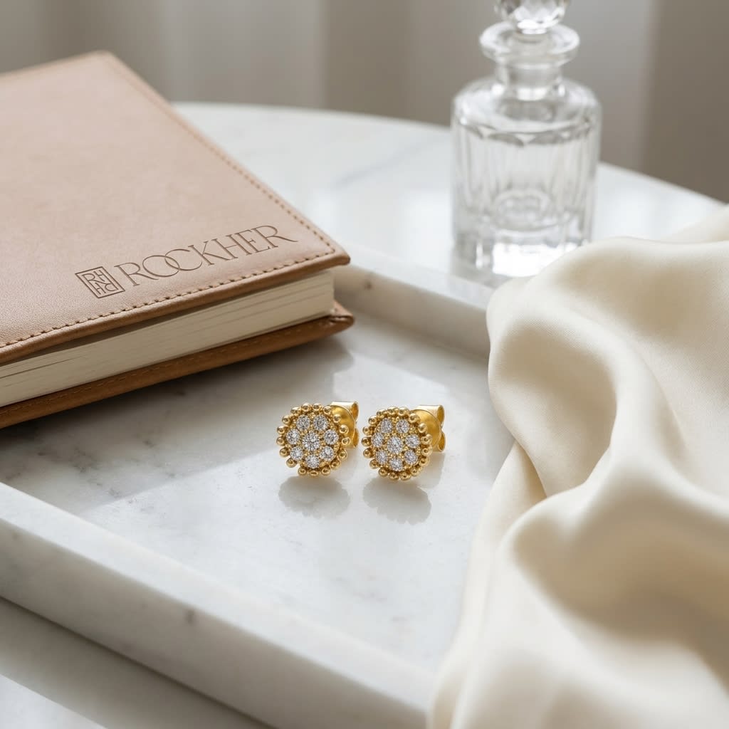 Natural Diamond Round Brilliant Stud Earrings in 14K Yellow Gold, 6 ct. t.w., on marble vanity tray with silk