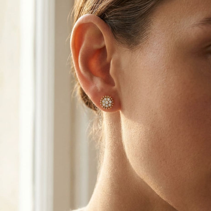 Natural Diamond Round Brilliant Stud Earrings in 14K Yellow Gold, 6 ct. t.w., worn close-up portrait