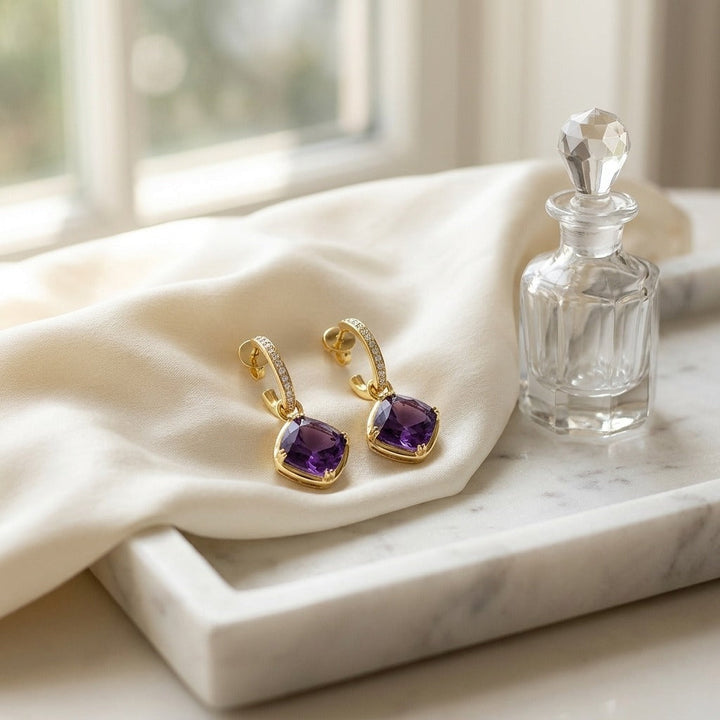 Amethyst Cushion Bezel Dangle Earrings with Pave Diamond Tops in 14K Yellow Gold - lifestyle