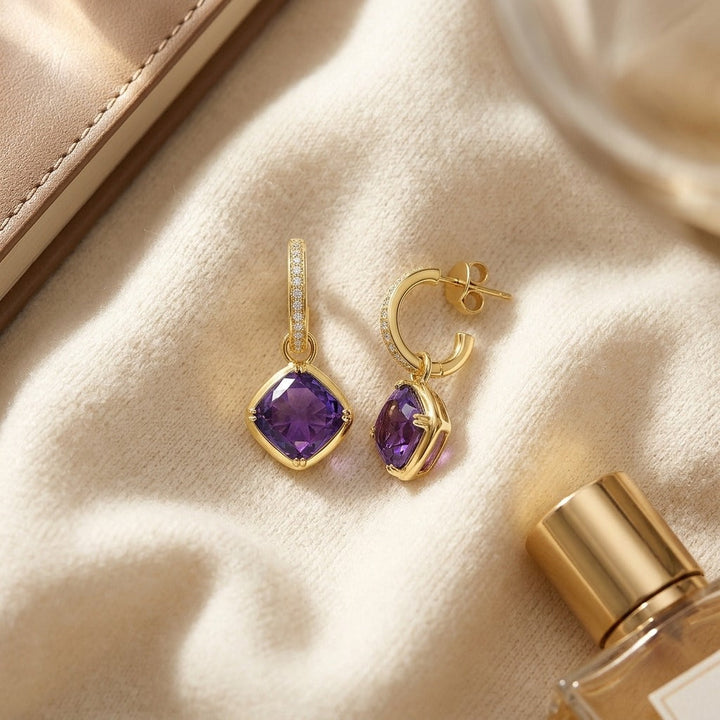 Amethyst Cushion Bezel Dangle Earrings with Pave Diamond Tops in 14K Yellow Gold - flat lay