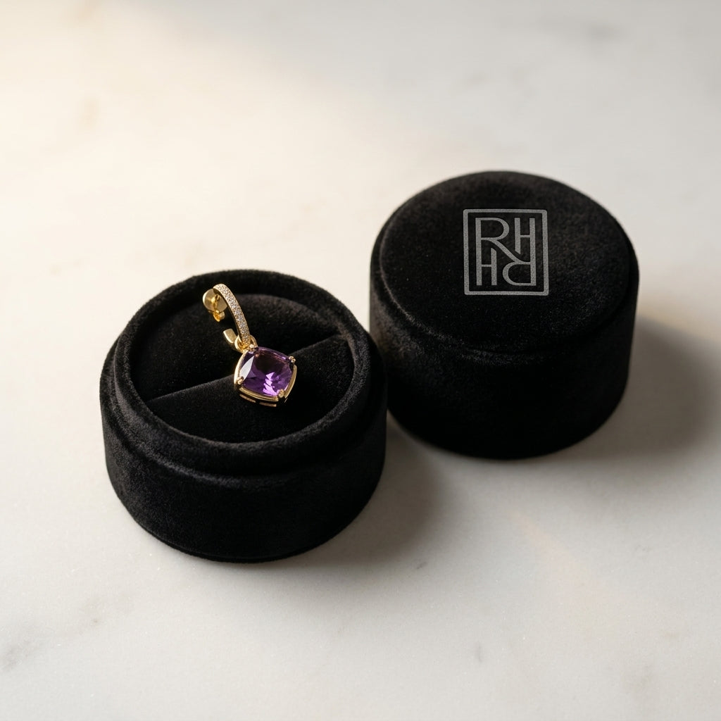 Amethyst Cushion Bezel Dangle Earrings with Pave Diamond Tops in 14K Yellow Gold - presentation
