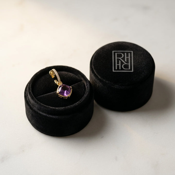Amethyst Cushion Bezel Dangle Earrings with Pave Diamond Tops in 14K Yellow Gold - presentation