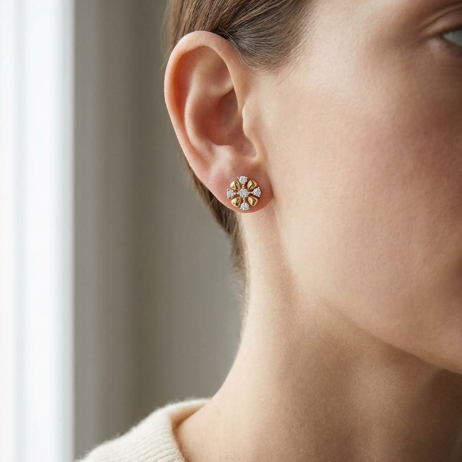 Natural Diamond Round Brilliant Stud Earrings in 14K Yellow Gold, worn close-up portrait