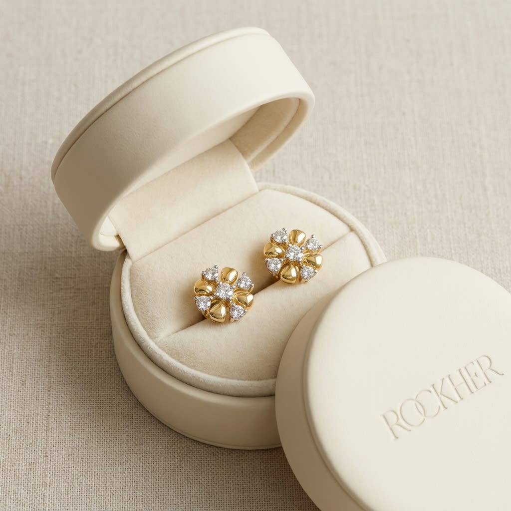 Natural Diamond Round Brilliant Stud Earrings in 14K Yellow Gold, in navy velvet jewelry box
