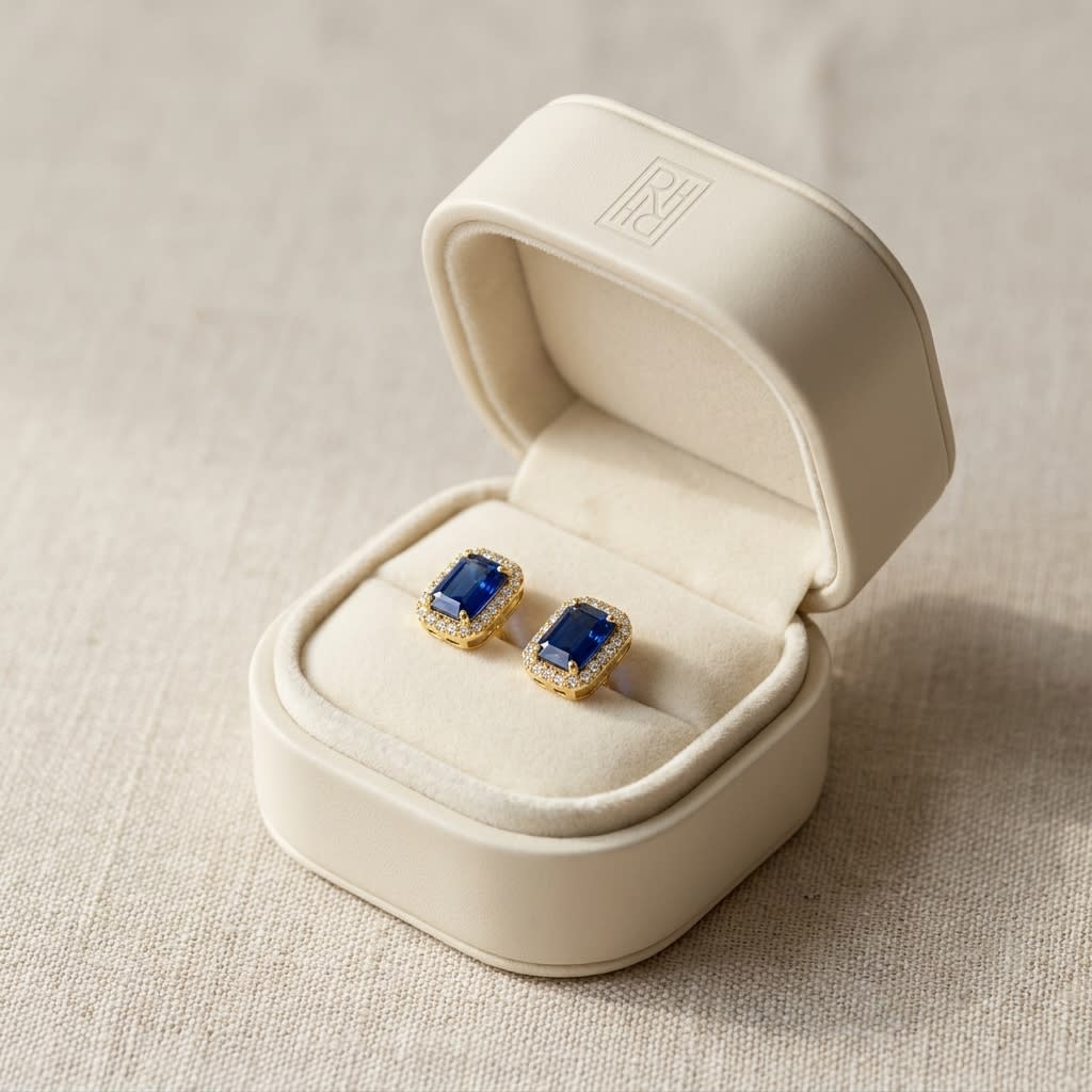 Sapphire Octagon Stud Earrings in 14K Yellow Gold, in navy velvet jewelry box