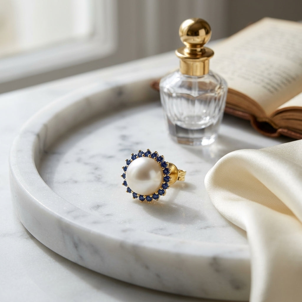 Cultured Pearl & Sapphire Halo Stud Earrings in 14K Yellow Gold - lifestyle