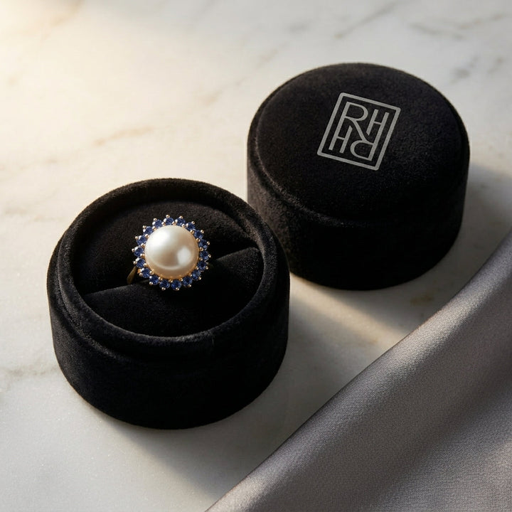 Cultured Pearl & Sapphire Halo Stud Earrings in 14K Yellow Gold - presentation
