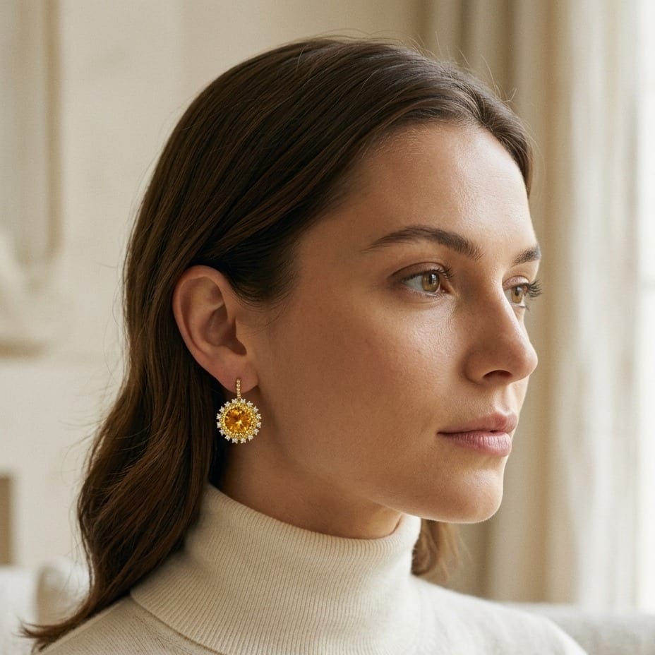 Citrine Yellow Sapphire & Diamond Burst Circle Earrings 1/5ctw in 14K Yellow Gold - editorial