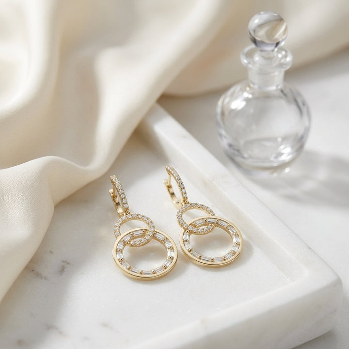 Diamond Baguette & Round Interlocking Circles Dangle Earrings 9/10ctw in 14K Yellow Gold - lifestyle