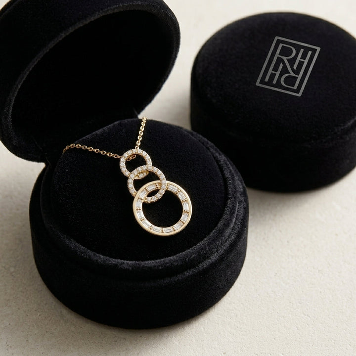 Diamond Baguette & Round Interlocking Circles Dangle Earrings 9/10ctw in 14K Yellow Gold - presentation