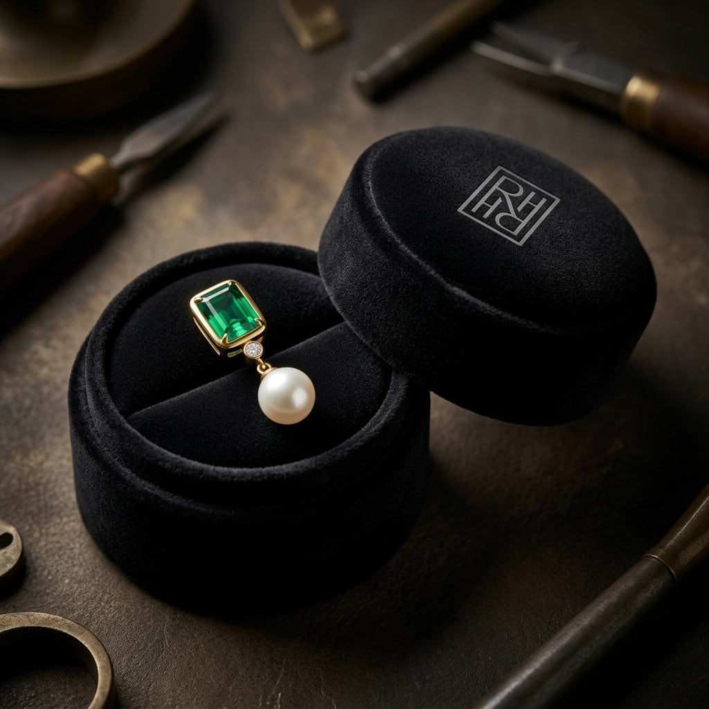 Freshwater Pearl Created Emerald & Diamond Earring in 14K Yellow Gold - presentation