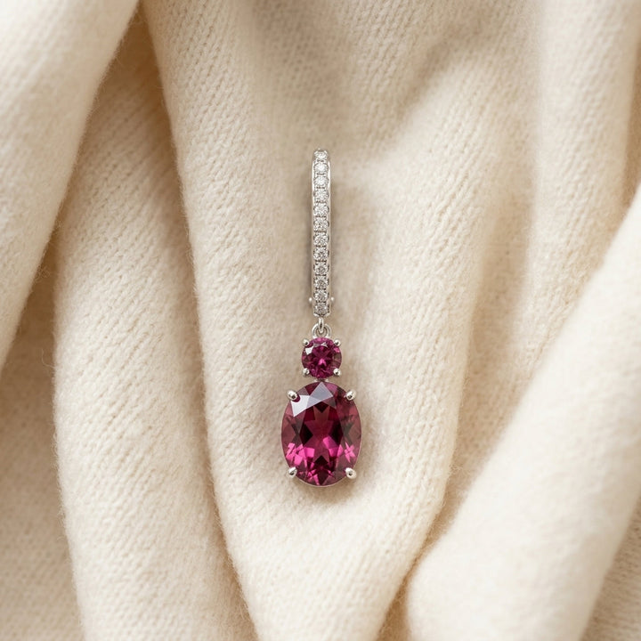 Rhodolite Garnet & Diamond Dangle Earrings 1/8ctw in 14K Yellow Gold - flat lay