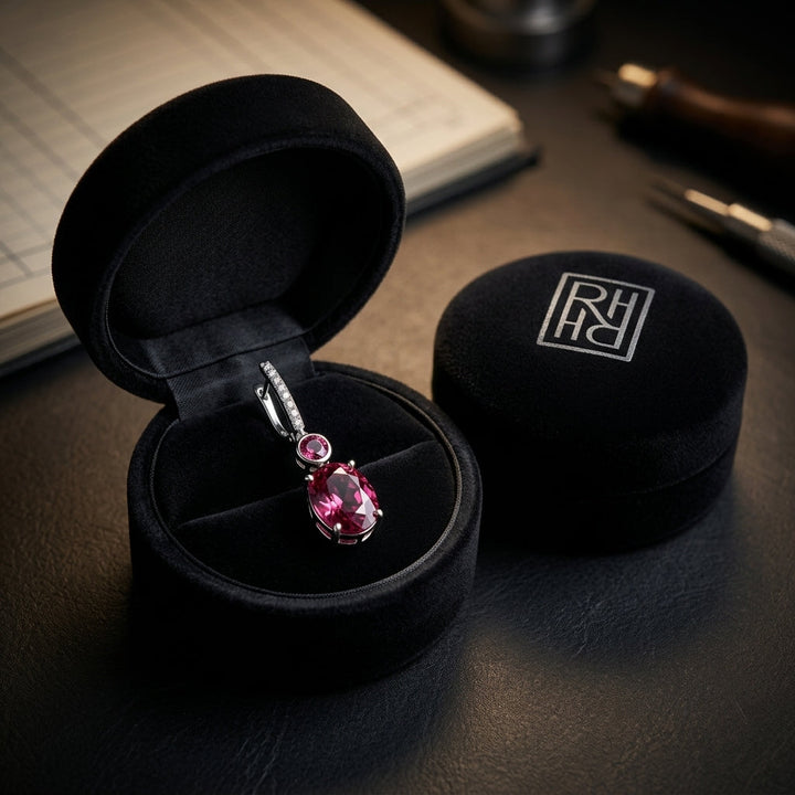Rhodolite Garnet & Diamond Dangle Earrings 1/8ctw in 14K Yellow Gold - presentation