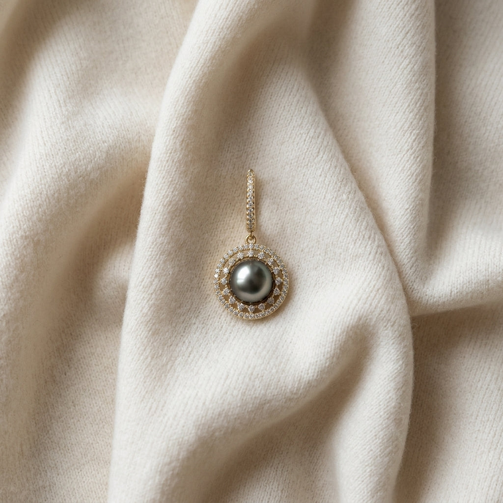 Tahitian Pearl & Diamond Dangle Halo Earrings 5/8ctw in 14K Yellow Gold - flat lay