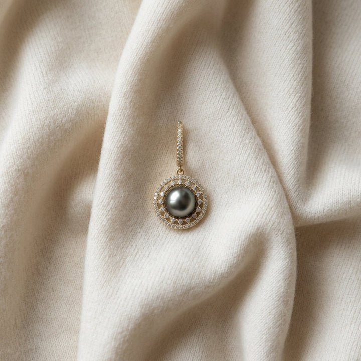 Tahitian Pearl & Diamond Dangle Halo Earrings 5/8ctw in 14K Yellow Gold - flat lay