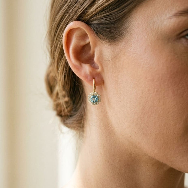 Blue Topaz & Diamond Round Brilliant Earrings in 14K Yellow Gold - lifestyle