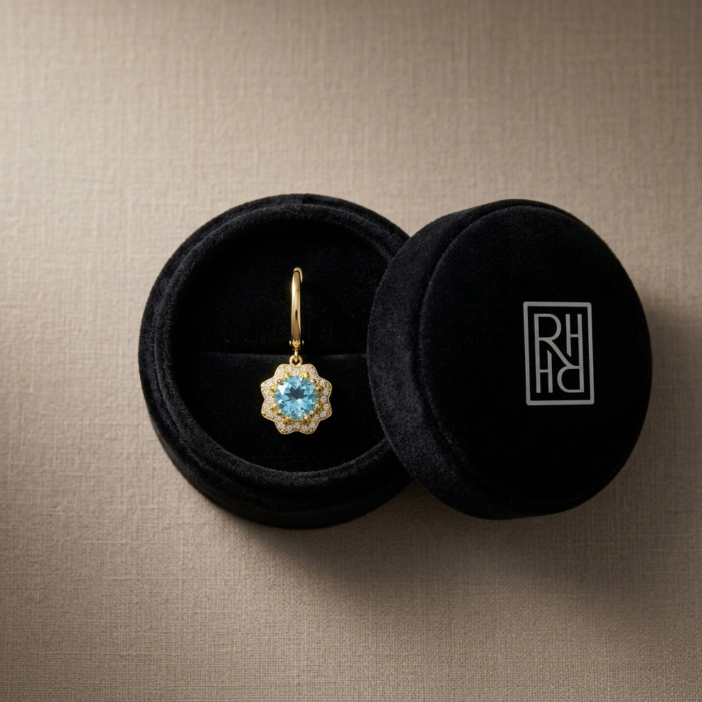 Blue Topaz & Diamond Round Brilliant Earrings in 14K Yellow Gold - presentation