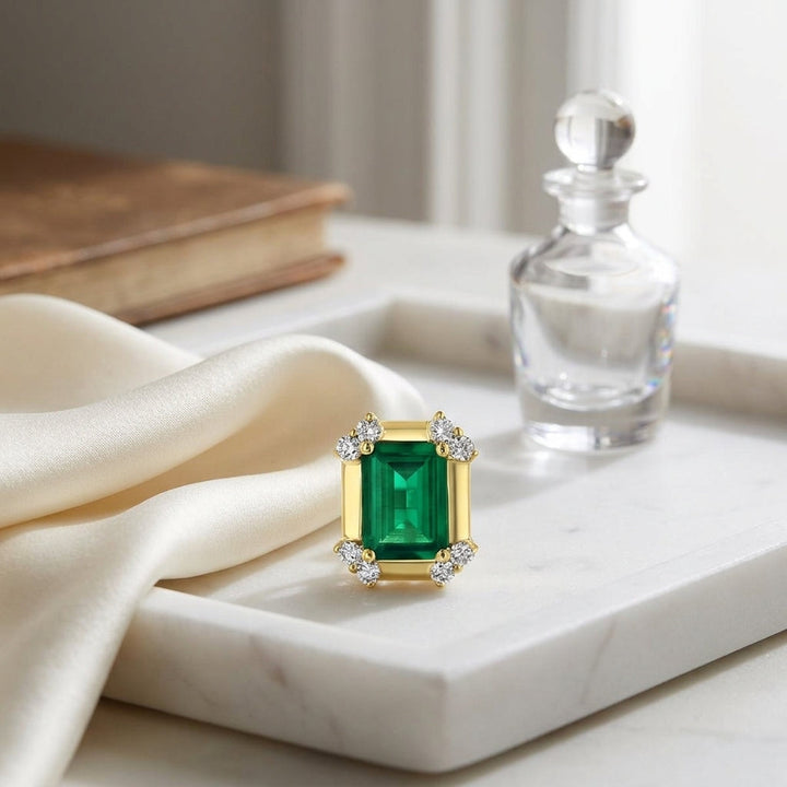 Created Emerald & Diamond Corner Earrings 1/4ctw in 14K Yellow Gold - lifestyle