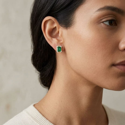 Created Emerald & Diamond Corner Earrings 1/4ctw in 14K Yellow Gold - editorial