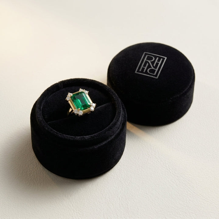 Created Emerald & Diamond Corner Earrings 1/4ctw in 14K Yellow Gold - presentation
