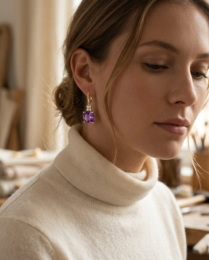 Cushion Amethyst and Diamond Leverback Earrings in 14k Yellow Gold 0.16ctw, worn close-up portrait