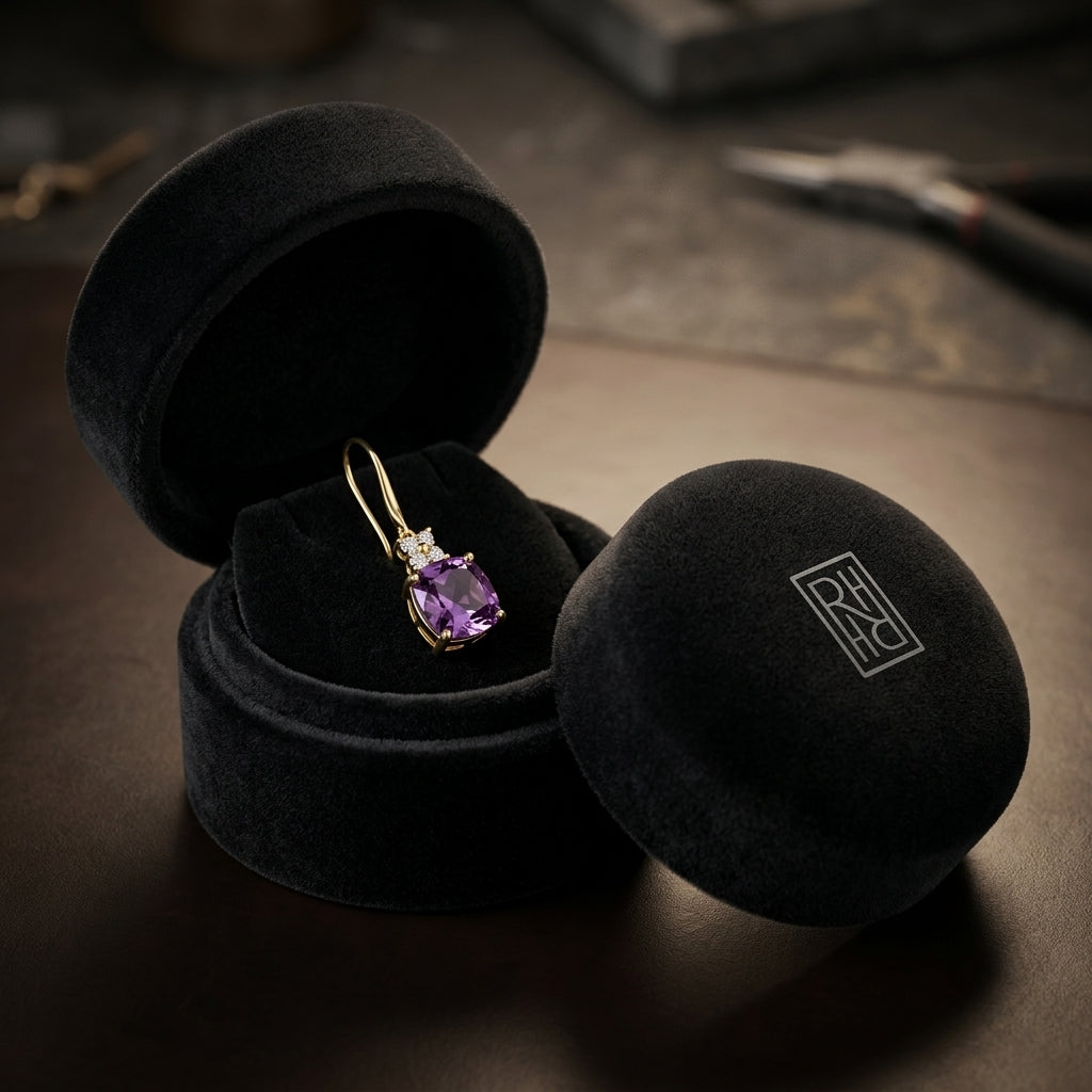 Cushion Amethyst and Diamond Leverback Earrings in 14k Yellow Gold 0.16ctw, in navy velvet jewelry box