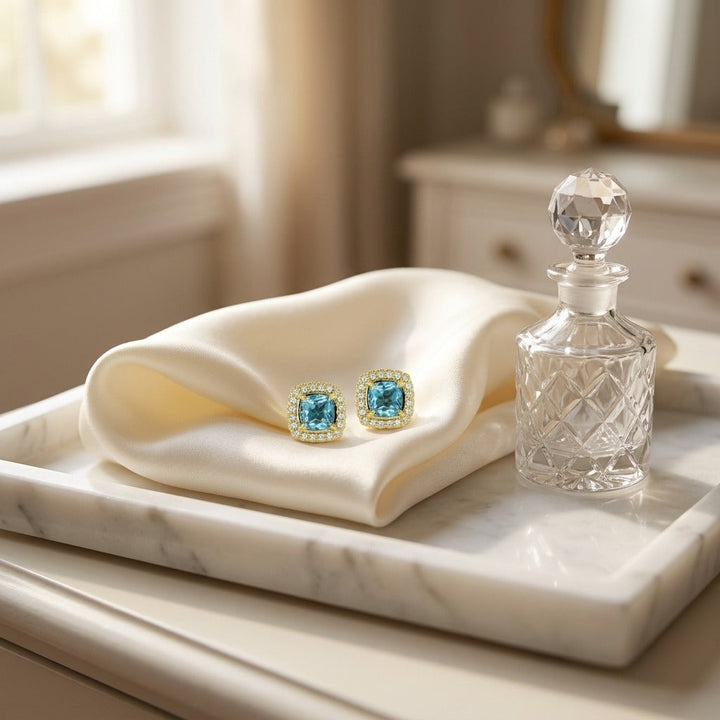 Swiss Blue Topaz Framed & Diamond 1/5ctw Earring in 14K Yellow Gold - lifestyle