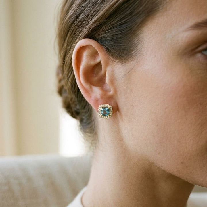 Swiss Blue Topaz Framed & Diamond 1/5ctw Earring in 14K Yellow Gold - editorial