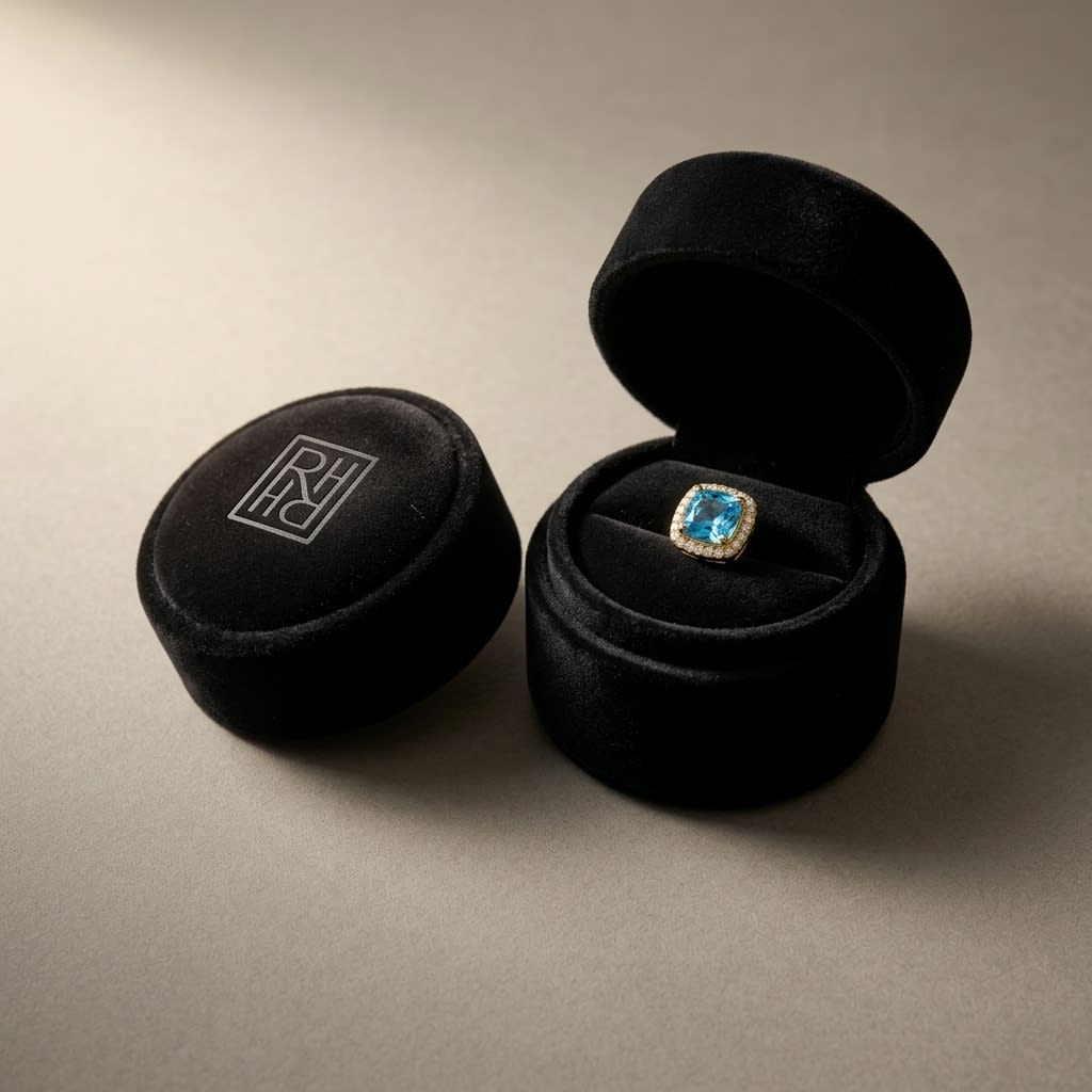 Swiss Blue Topaz and Diamond Earrings in 14K Yellow Gold, 0.20ct, in navy velvet jewelry box