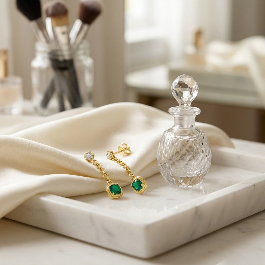 Created Emerald 1.10ctw & Diamond 1/5ctw Chain Drop Earring in 14K Yellow Gold - lifestyle