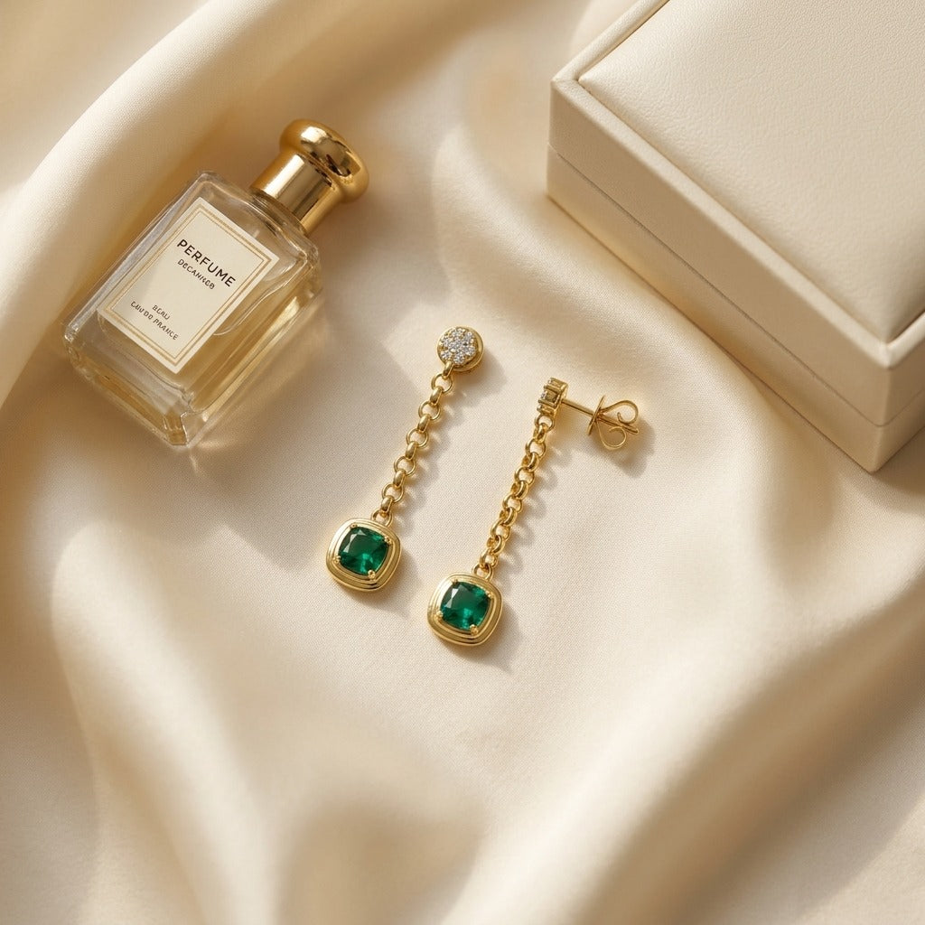 Created Emerald 1.10ctw & Diamond 1/5ctw Chain Drop Earring in 14K Yellow Gold - flat lay