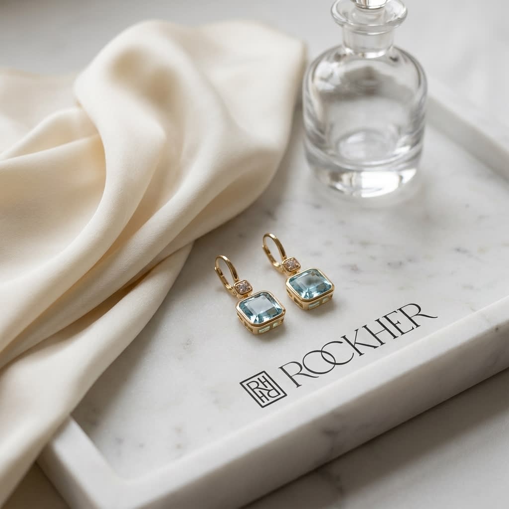 Swiss Blue Topaz Bezel Earrings in 14k Yellow Gold 0.08ctw, on marble vanity tray with silk