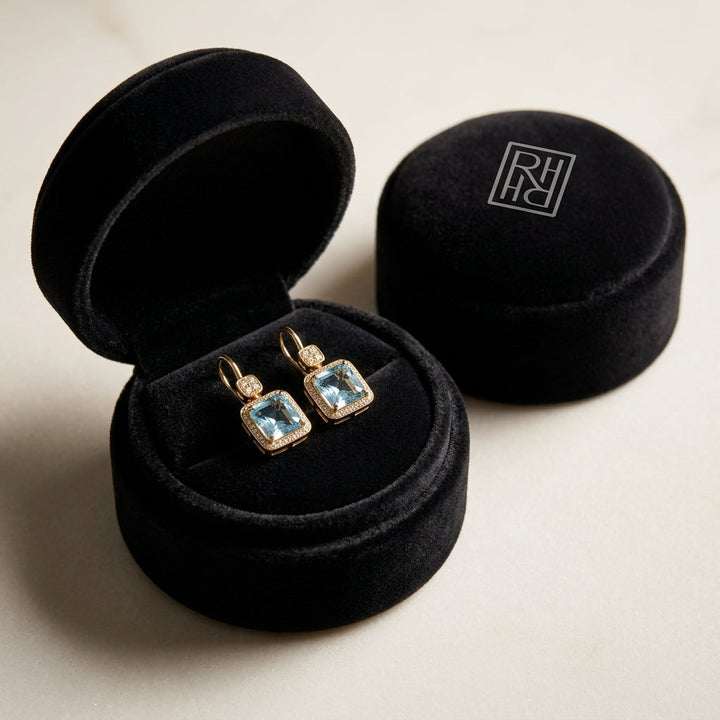 Swiss Blue Topaz Bezel Earrings in 14k Yellow Gold 0.08ctw, in navy velvet jewelry box