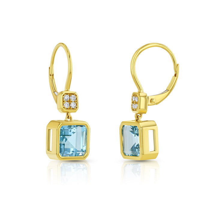 Swiss Blue Topaz Bezel Earrings in 14k Yellow Gold 0.08ctw – detail view | RockHer
