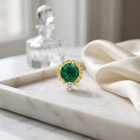 Lab Created Emerald & Diamond Ripple Edge Halo Stud Earrings 1/5ctw in 14K Yellow Gold - editorial