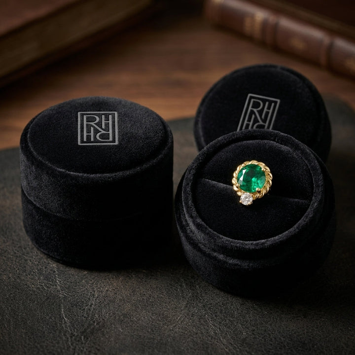 Lab Created Emerald & Diamond Ripple Edge Halo Stud Earrings 1/5ctw in 14K Yellow Gold - presentation