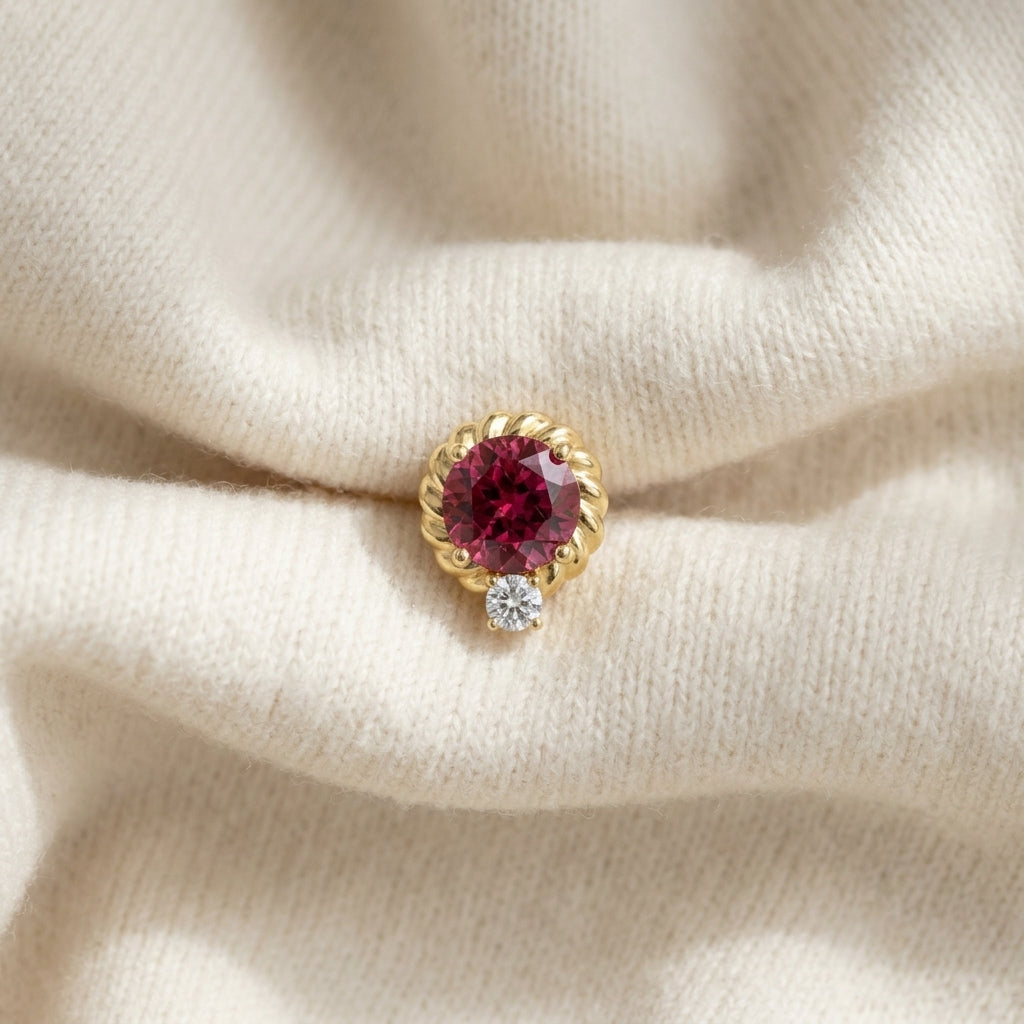 Rhodolite Garnet & Diamond Ripple Edge Halo Stud Earrings 1/5ctw in 14K Yellow Gold - flat lay